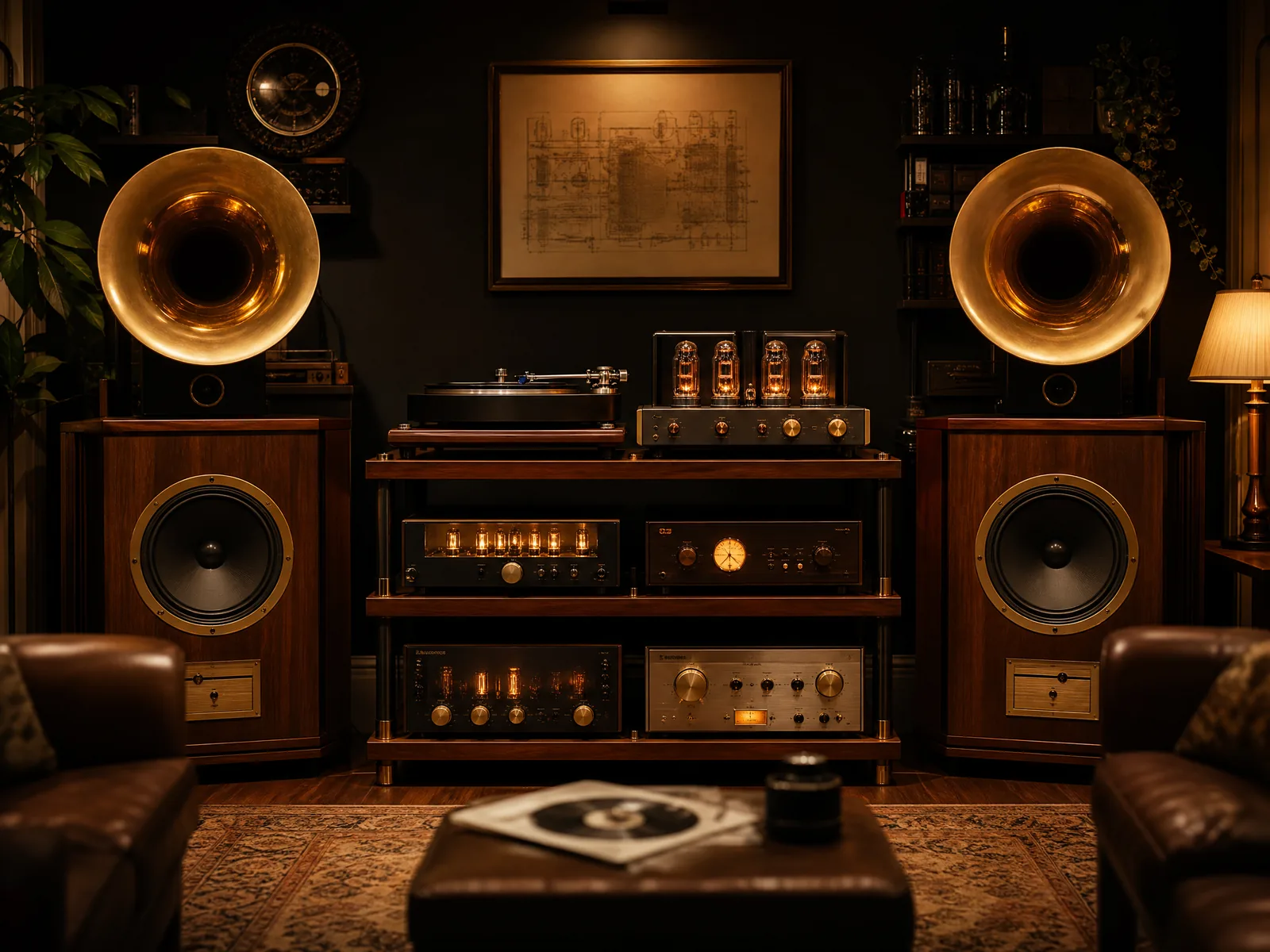 发﻿烧友的胆机与号角音箱组成的Hi-Fi‌系统全景