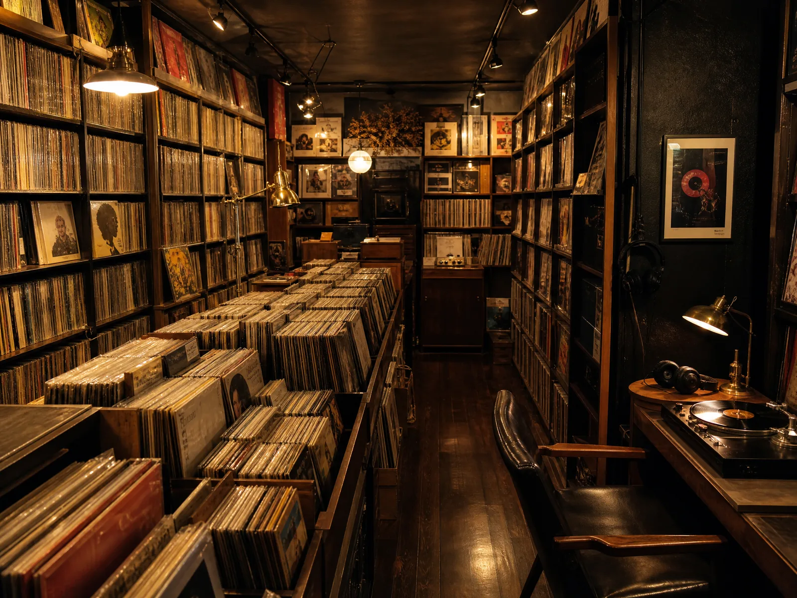 东﻿京中古唱片店内景，木质唱片箱与暖黄吊灯